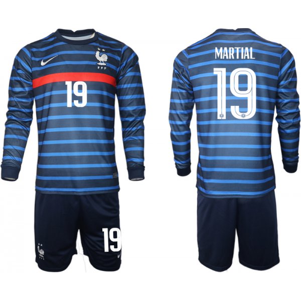 Men 2021 European Cup France home blue Long sleeve 19 Soccer Jersey