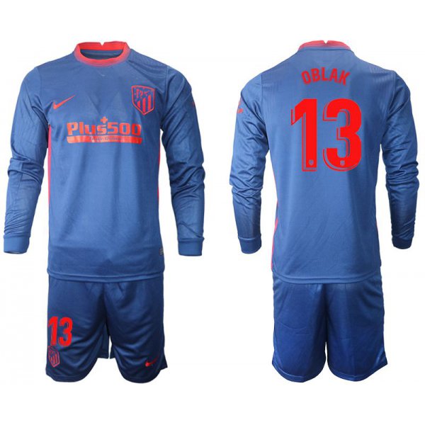 Men 2020-2021 club Atletico Madrid away long sleeves 13 blue Soccer Jerseys