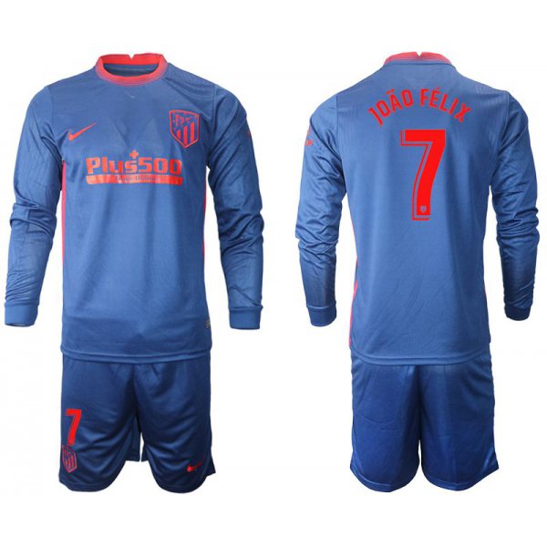 Men 2020-2021 club Atletico Madrid away long sleeves 7 blue Soccer Jerseys