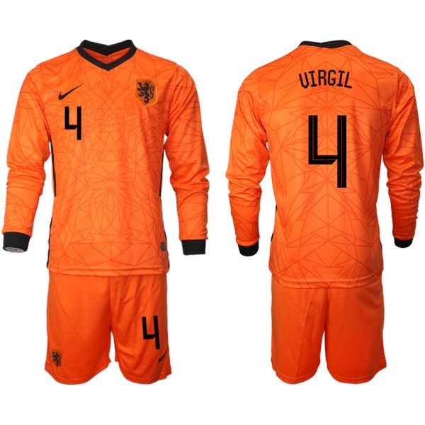 Men 2021 European Cup Netherlands home long sleeve 4 soccer jerseys