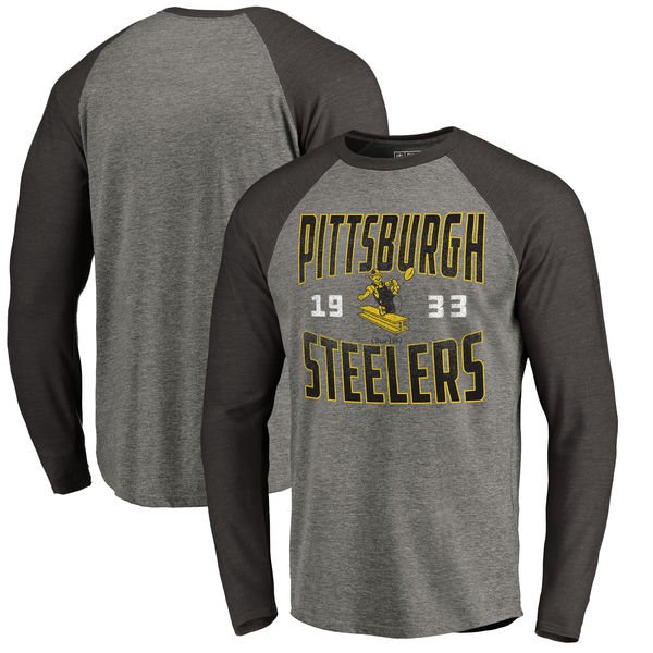 Pittsburgh Steelers NFL Pro Line by Fanatics Branded Timeless Collection Antique Stack Long Sleeve Tri-Blend Raglan T-Shirt Ash