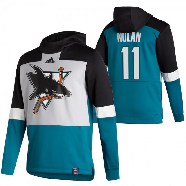 San Jose Sharks #11 Owen Nolan Adidas Reverse Retro Pullover Hoodie Gray Teal