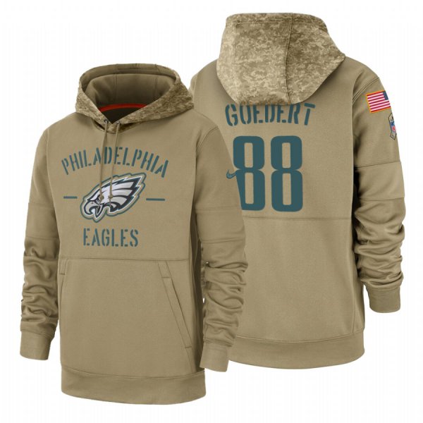 Philadelphia Eagles #88 Dallas Goedert Nike Tan 2019 Salute To Service Name & Number Sideline Therma Pullover Hoodie