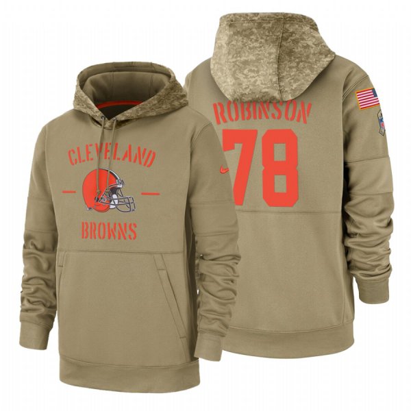 Cleveland Browns #78 Greg Robinson Nike Tan 2019 Salute To Service Name & Number Sideline Therma Pullover Hoodie