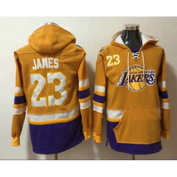 Men's Los Angeles Lakers #23 LeBron James Yellow Pocket Stitched NBA Pullover Hoodie
