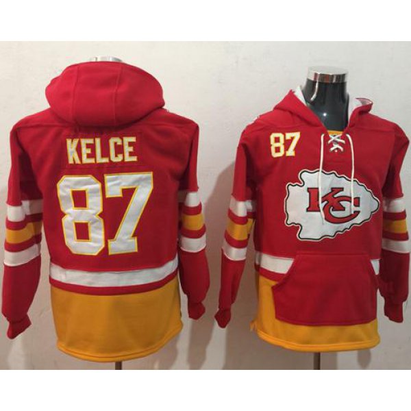 Nike Kansas City Chiefs #87 Travis Kelce Red Gold Name & Number Pullover NFL Hoodie
