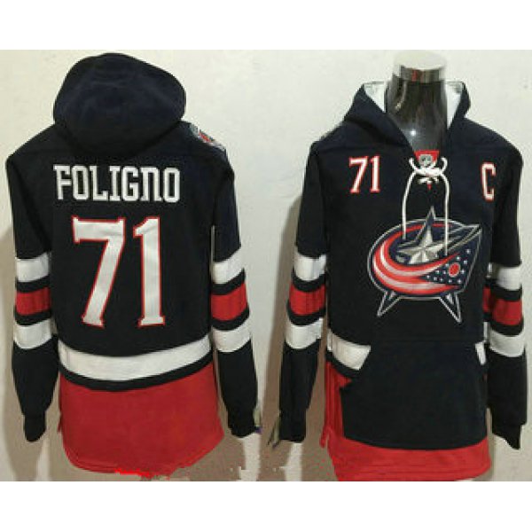 Men's Columbus Blue Jackets #71 Nick Foligno NEW Navy Blue Home Stitched NHL Old Tim Hockey Hoodie