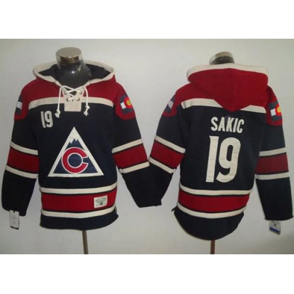 Avalanche #19 Joe Sakic Navy Blue Sawyer Hooded Sweatshirt Stitched NHL Jersey