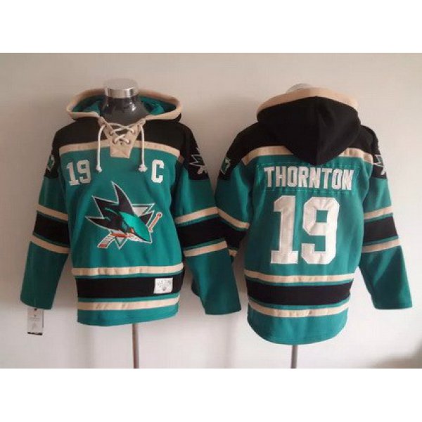 San Jose Sharks #19 Joe Thornton Old Time Hockey Teal Green Hoodie