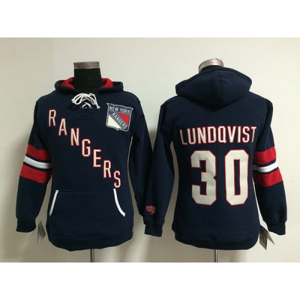 Old Time Hockey New York Rangers #30 Henrik Lundqvist Navy Blue Womens Hoodie