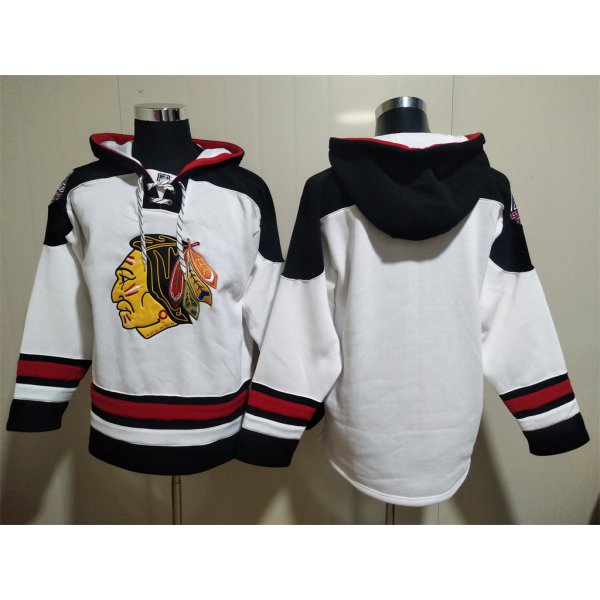 Men's Chicago Blackhawks Blank White Ageless Must Have Lace Up Pullover Hoodie