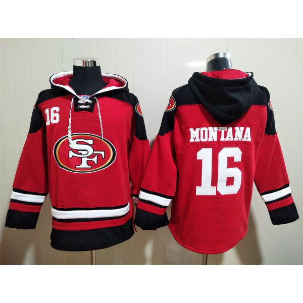 Men's San Francisco 49ers #16 Joe Montana Red Team Color New NFL Hoodie