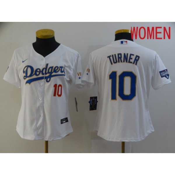 Women Los Angeles Dodgers 10 Turner White Game 2021 Nike MLB Jerseys