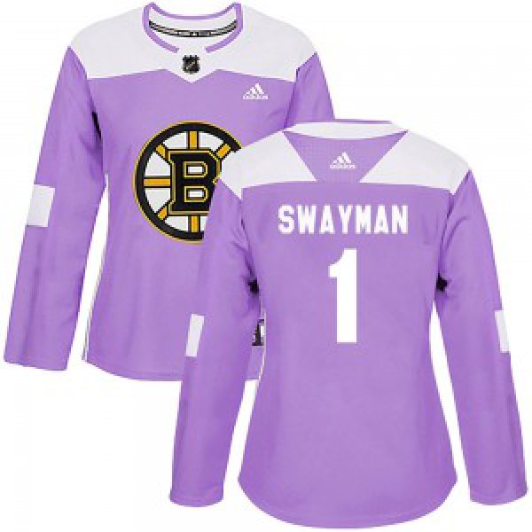 Women's Boston Bruins #1 Jeremy Swayman Adidas Authentic Fights Cancer Practice Jersey - Purple