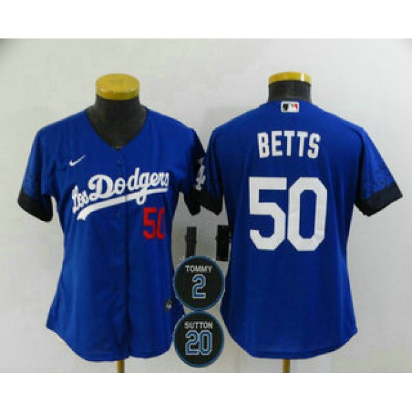 Women's Los Angeles Dodgers #50 Mookie Betts Blue #2 #20 Patch City Connect Number Cool Base Stitched Jersey