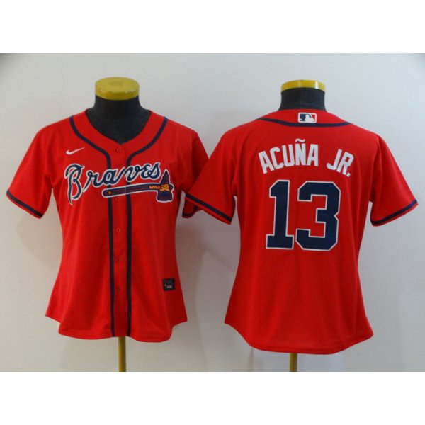 Women's Atlanta Braves #13 Ronald Acuna Jr. Red Stitched MLB Cool Base Nike Jersey