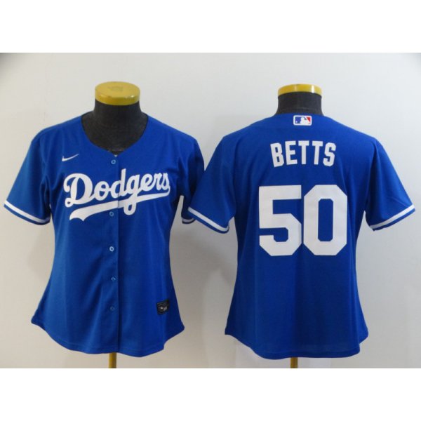 Women's Los Angeles Dodgers #50 Mookie Betts Blue Stitched MLB Cool Base Nike Jersey