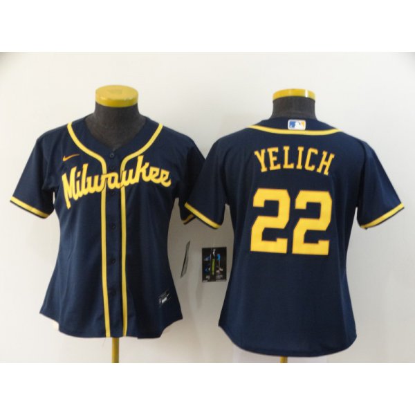 Women's Milwaukee Brewers #22 Christian Yelich Navy Blue Stitched MLB Cool Base Nike Jersey