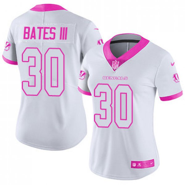 Nike Bengals #30 Jessie Bates III White Pink Women's Stitched NFL Limited Rush Fashion Jersey