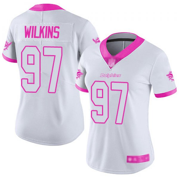 Dolphins #97 Christian Wilkins White Pink Women's Stitched Football Limited Rush Fashion Jersey