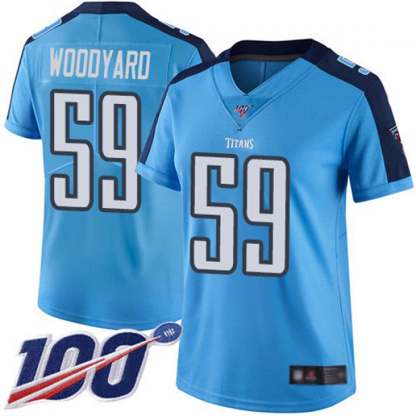 Titans #59 Wesley Woodyard Light Blue Women's Stitched Football Limited Rush 100th Season Jersey