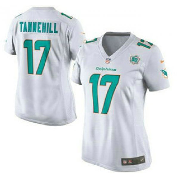 Women's Miami Dolphins #17 Ryan Tannehill White Road 2015 NFL 50th Patch Nike Game Jersey