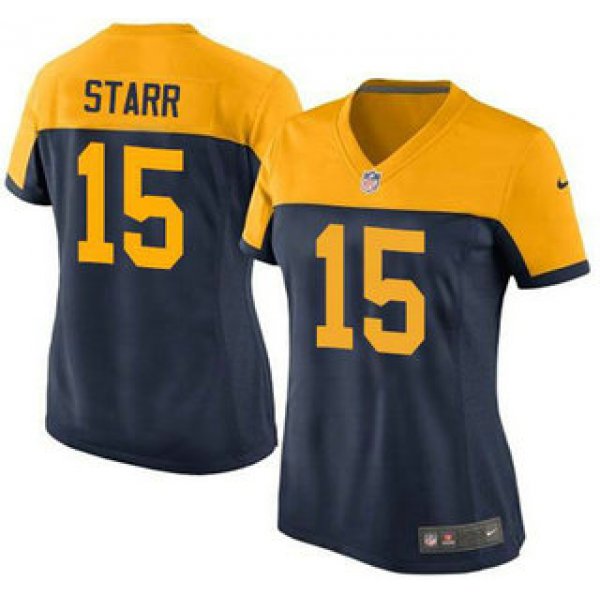 Women's Green Bay Packers #15 Bart Starr Navy Blue With Gold NFL Nike Game Jersey