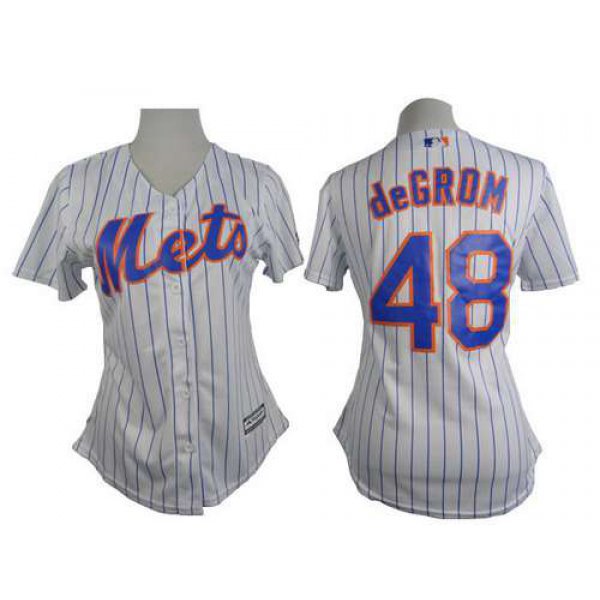 Women's New York Mets #48 Jacob DeGrom White With Blue Pinstripe Jersey