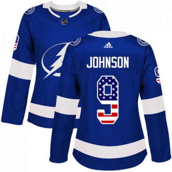 Adidas Tampa Bay Lightning #9 Tyler Johnson Blue Home Authentic USA Flag Women's Stitched NHL Jersey