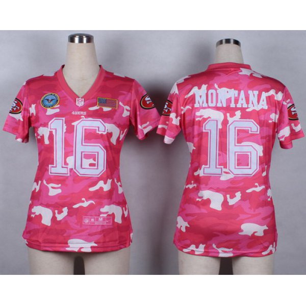 Nike San Francisco 49ers #16 Joe Montana 2014 Salute to Service Pink Camo Womens Jersey