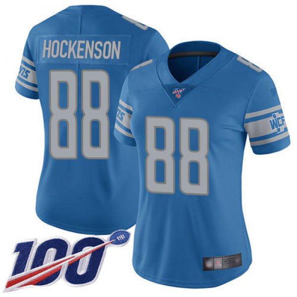 Nike Lions #88 T.J. Hockenson Blue Team Color Women's Stitched NFL 100th Season Vapor Limited Jersey