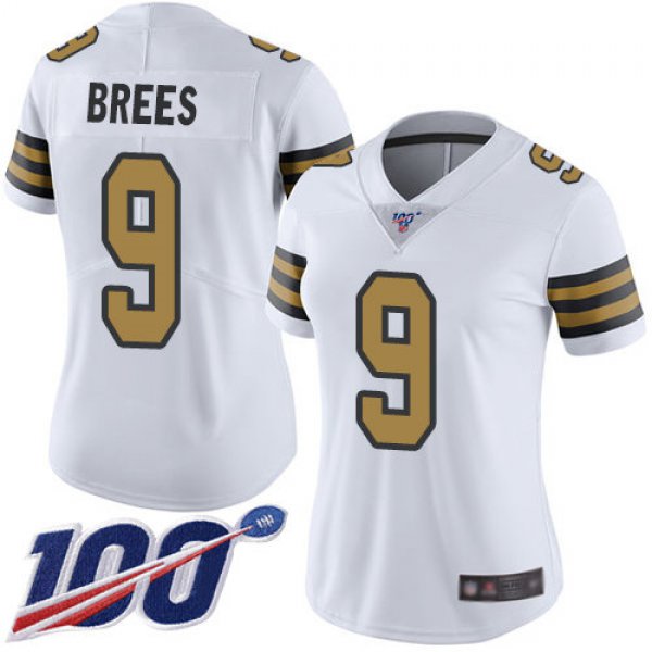 Nike Saints #9 Drew Brees White Women's Stitched NFL Limited Rush 100th Season Jersey