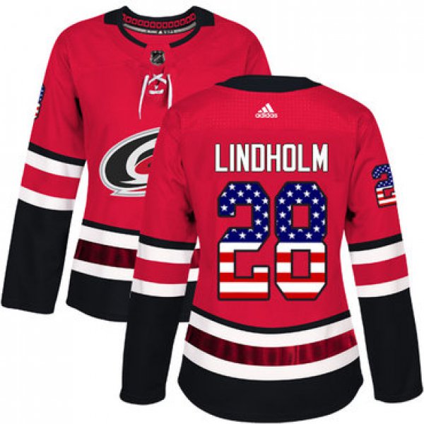 Adidas Carolina Hurricanes #28 Elias Lindholm Red Home Authentic USA Flag Women's Stitched NHL Jersey