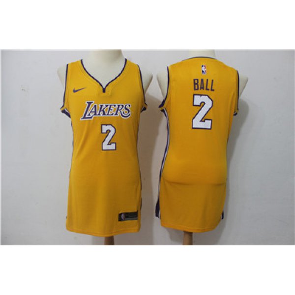 Nike Los Angeles Lakers #2 Lonzo Ball Yellow Women Swingman Jersey
