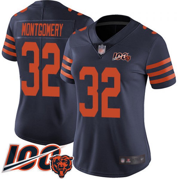 Nike Bears #32 David Montgomery Navy Blue Alternate Women's Stitched NFL 100th Season Vapor Limited Jersey