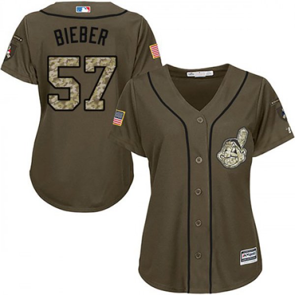 Women's Majestic #57 Shane Bieber Cleveland Indians Replica Green Salute to Service Jerse