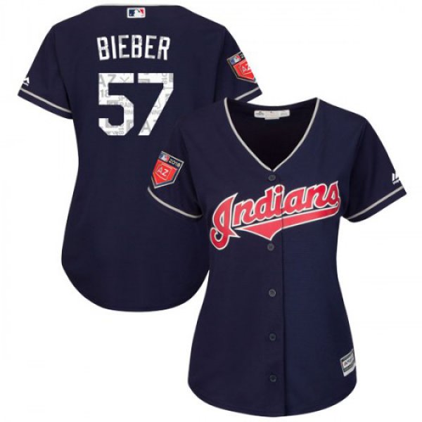 Women's Majestic #57 Shane Bieber Cleveland Indians Replica Navy Cool Base 2018 Spring Training Jersey