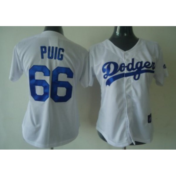 Los Angeles Dodgers #66 Yasiel Puig White With Blue Womens Jersey