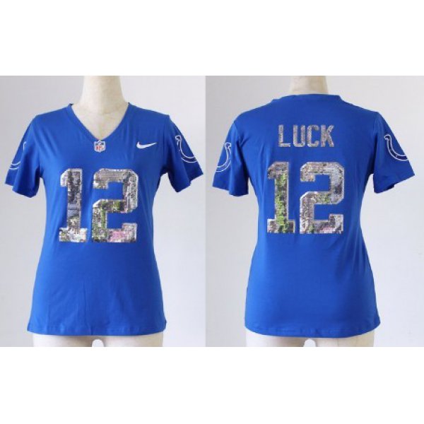 Nike Indianapolis Colts #12 Andrew Luck Handwork Sequin Lettering Fashion Blue Womens Jersey