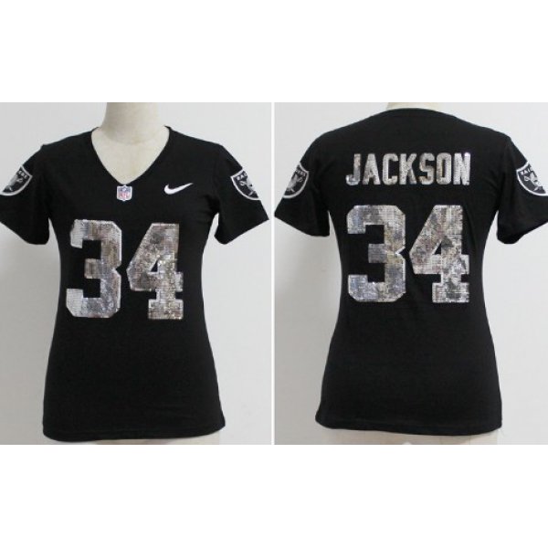 Nike Oakland Raiders #34 Bo Jackson Handwork Sequin Lettering Fashion Black Womens Jersey