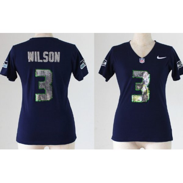 Nike Seattle Seahawks #3 Russell Wilson Handwork Sequin Lettering Fashion Blue Womens Jersey