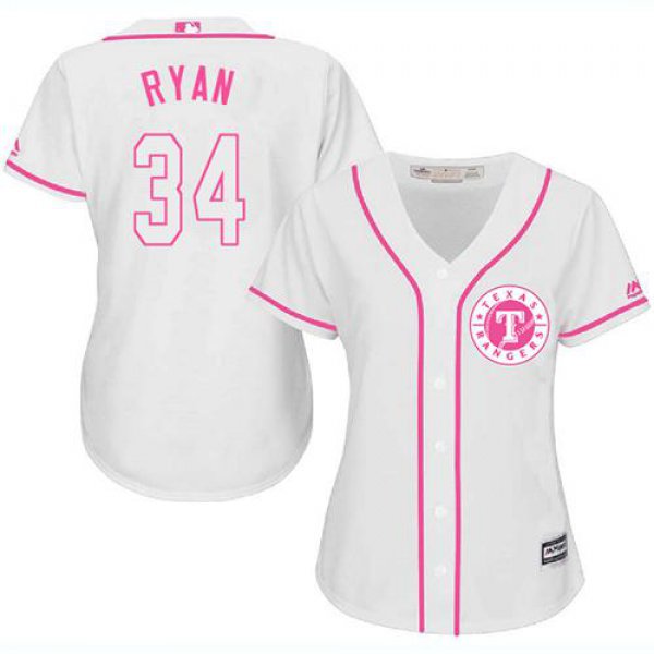 Rangers #34 Nolan Ryan White Pink Fashion Women's Stitched Baseball Jersey