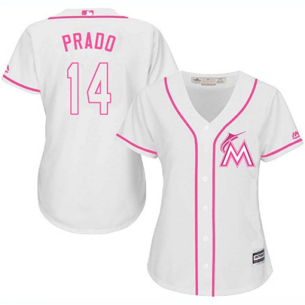Marlins #14 Martin Prado White Pink Fashion Women's Stitched Baseball Jersey