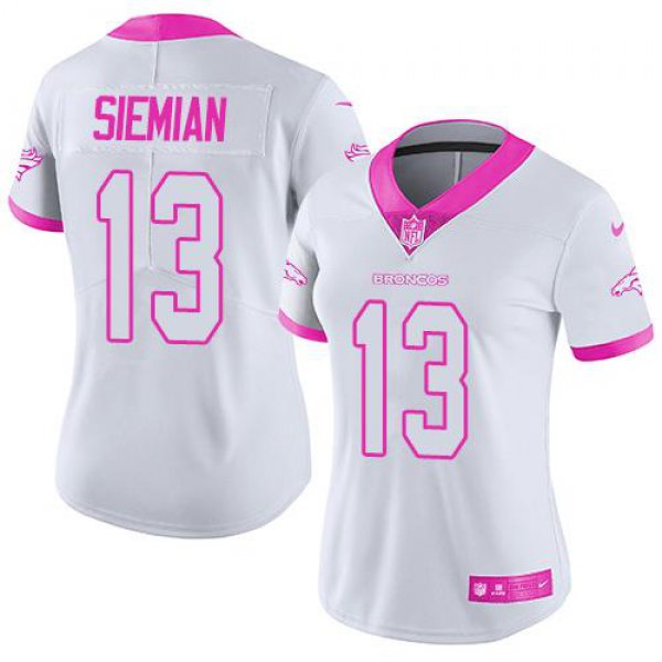 Nike Broncos #13 Trevor Siemian White Pink Women's Stitched NFL Limited Rush Fashion Jersey