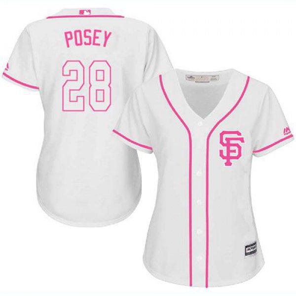 Giants #28 Buster Posey White Pink Fashion Women's Stitched Baseball Jersey