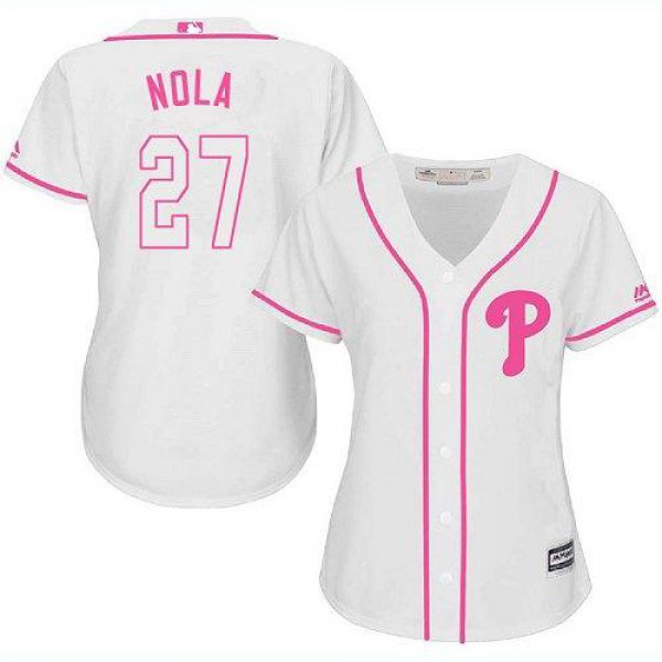 Phillies #27 Aaron Nola White Pink Fashion Women's Stitched Baseball Jersey