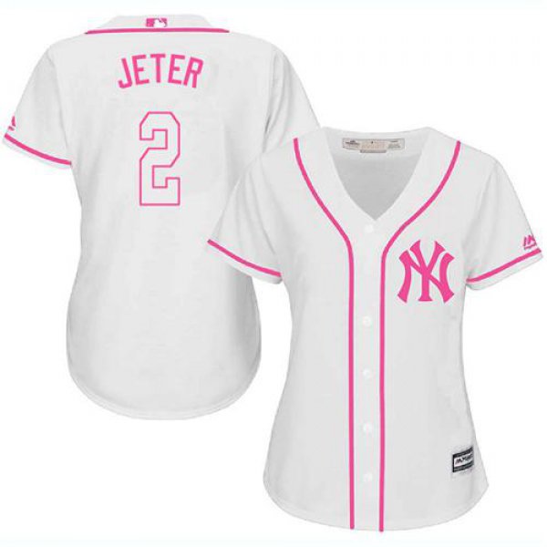 Yankees #2 Derek Jeter White Pink Fashion Women's Stitched Baseball Jersey