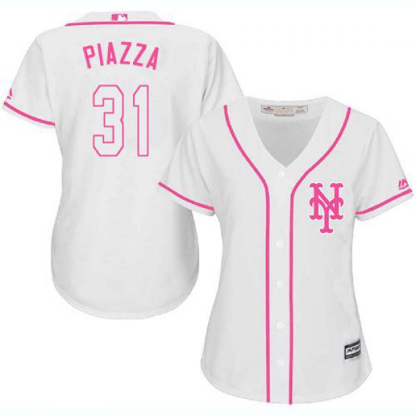 Mets #31 Mike Piazza White Pink Fashion Women's Stitched Baseball Jersey