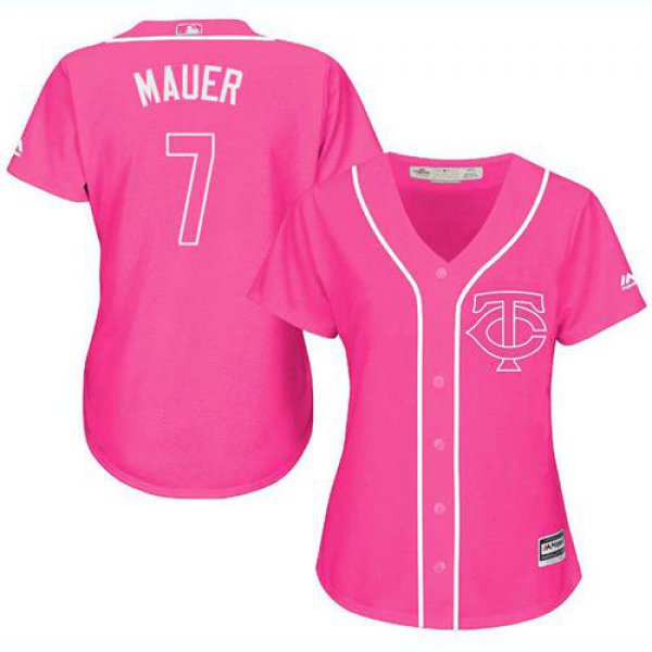 Twins #7 Joe Mauer Pink Fashion Women's Stitched Baseball Jersey