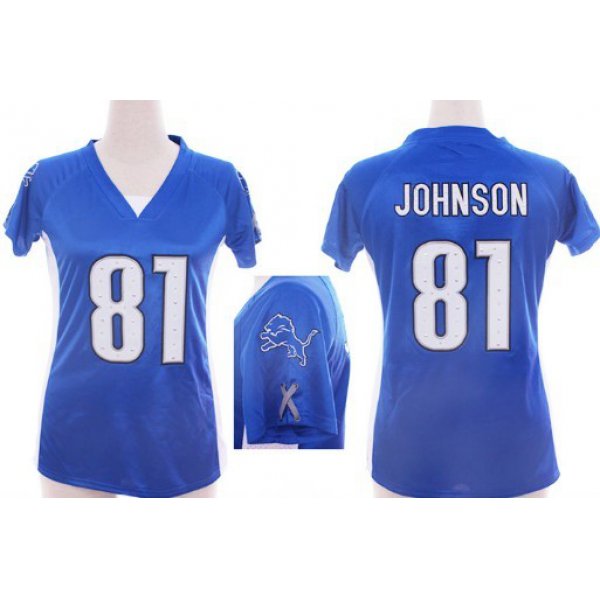 Nike Detroit Lions #81 Calvin Johnson 2012 Light Blue Womens Draft Him II Top Jersey